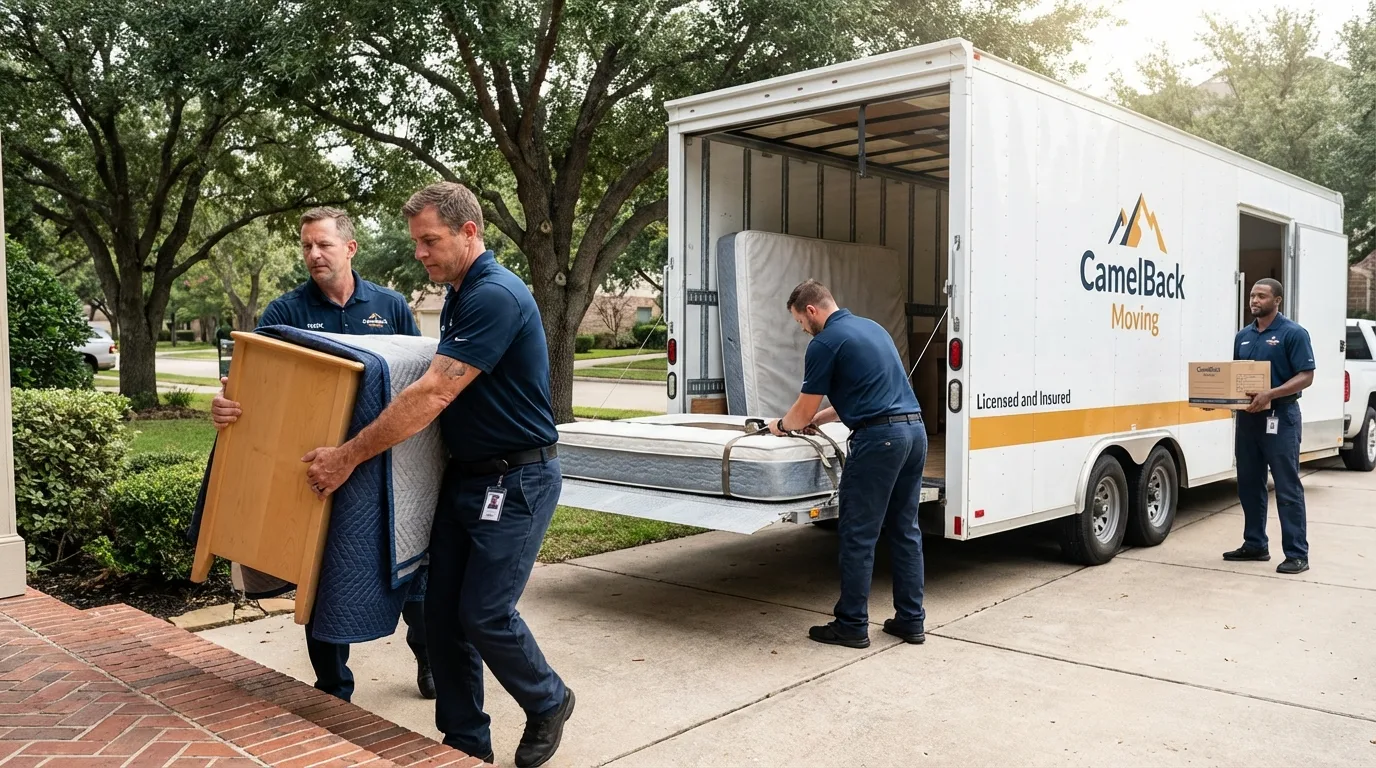 Crew loading residential truck for cross-state move from Brunswick, NC