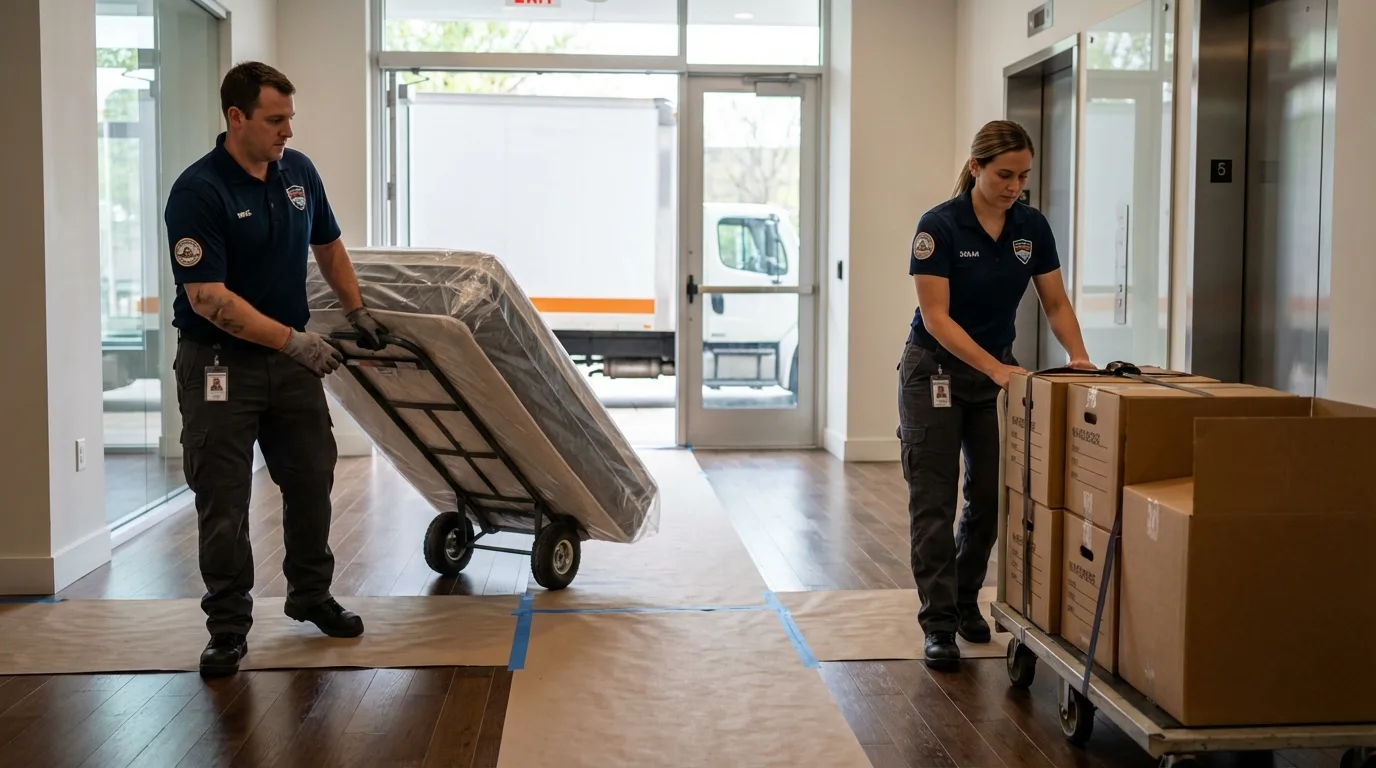 Professional apartment movers loading elevator in Brunswick, NC