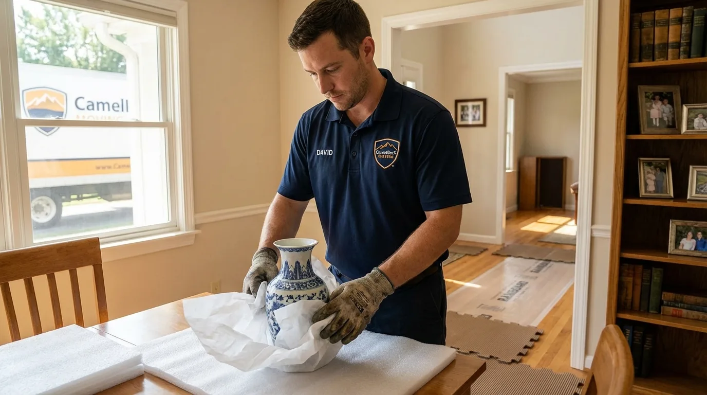 Professional crew carefully wrapping antique vase for senior downsizing move in Brunswick, NC